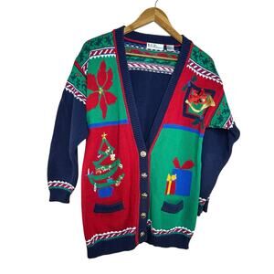 Vintage Embroidered Christmas Cardigan Sweater S Grandmacore Tunic Holiday